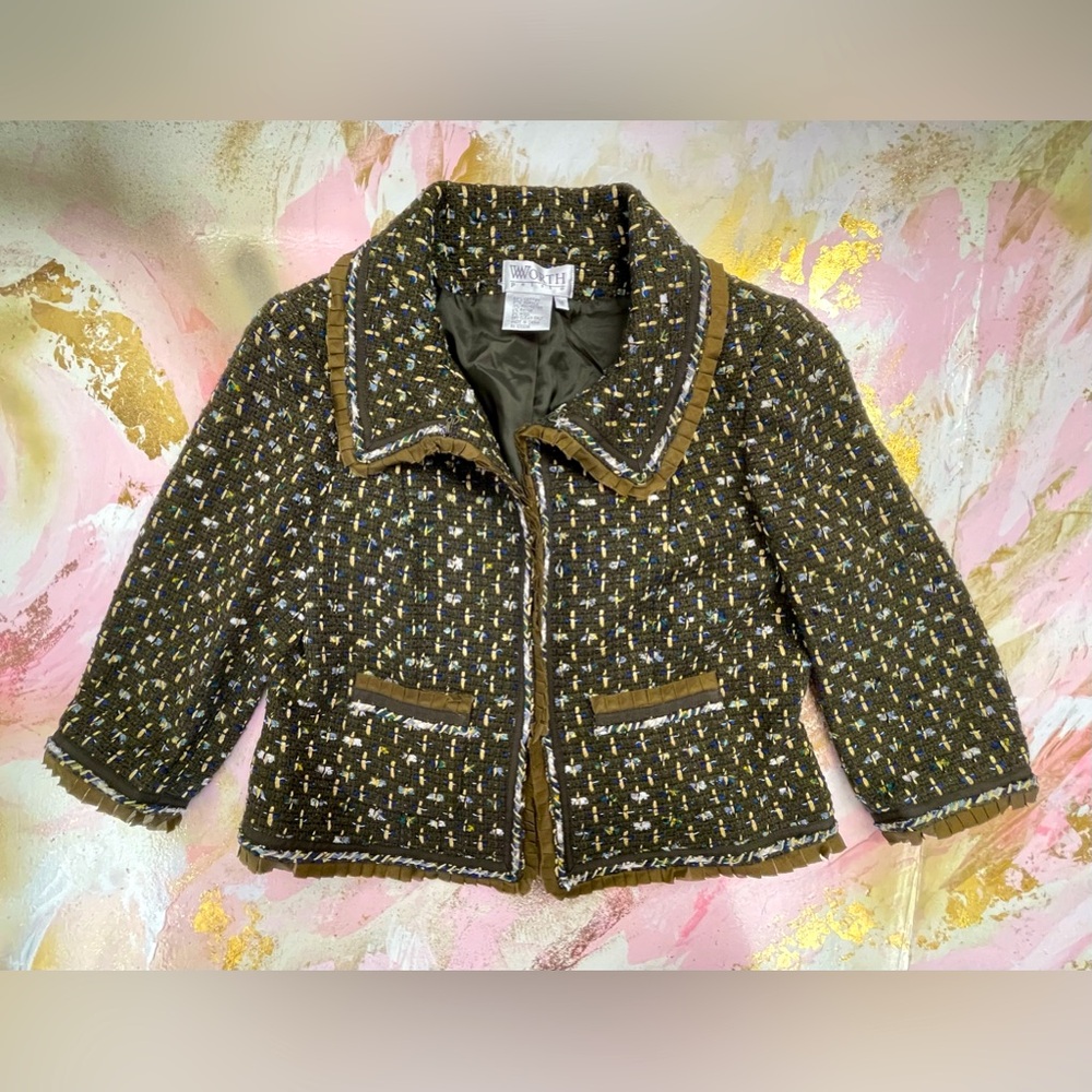 Worth Green Breen tweed hook eye ruffle peter pan collar jacket blazer 14P